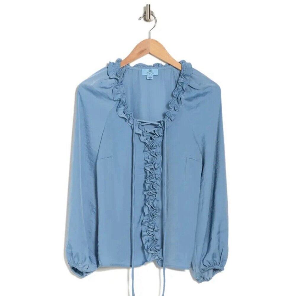 Cece Blouse Blue Ruffle Sz M Top Tie Front Long Sleeves